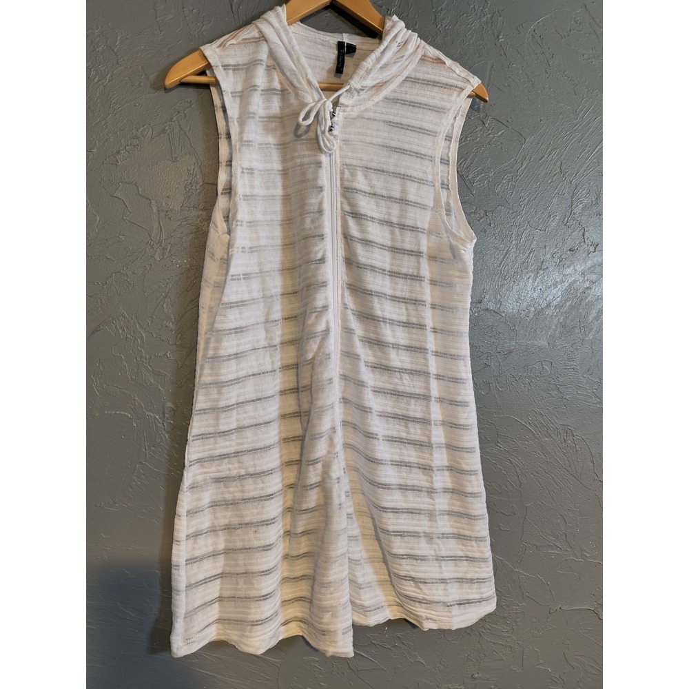Portacruz ~ White Sheer Hooded Mid Thigh Swimsuit Coverup Pull Over Size L